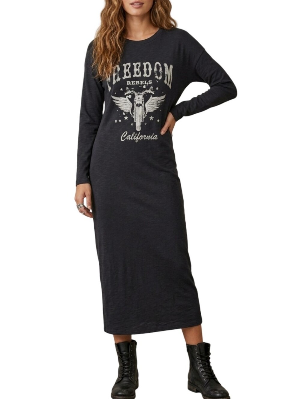 Life Elsewhere Black Graphic Maxi T-Shirt Dress Freedom Rebels Biker